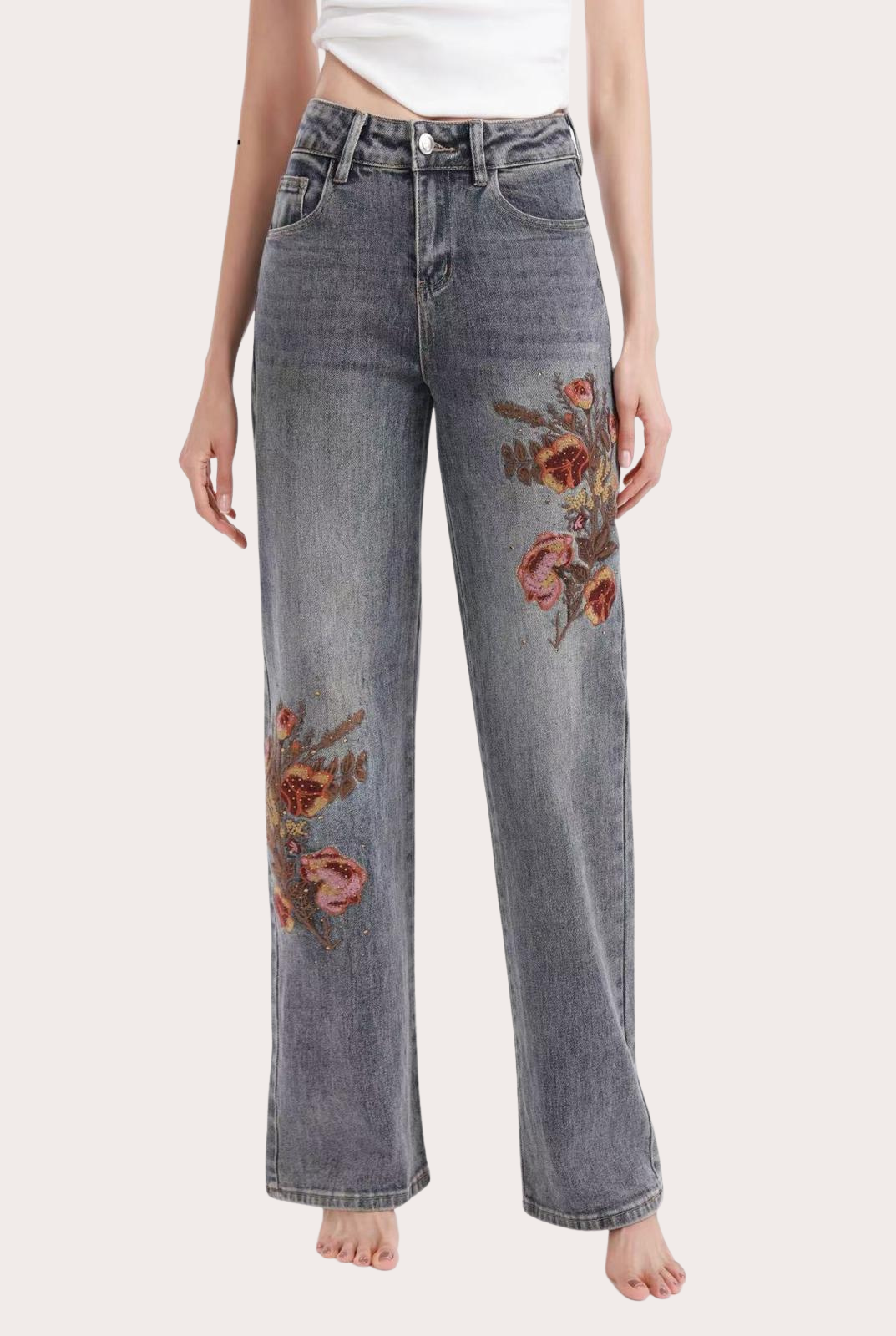 Blugi cu broderie florală